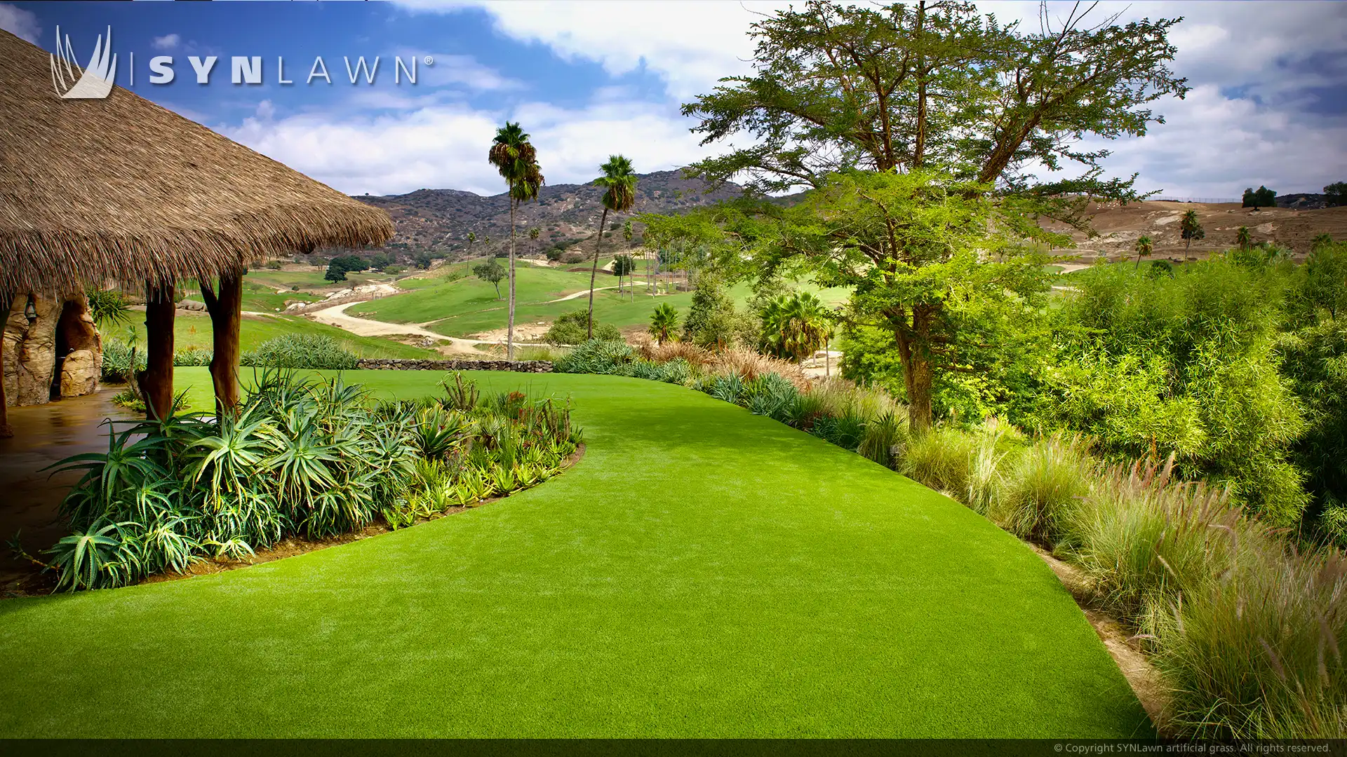 SYNLawn artificial grass at the Kijamii overlook watering hole restaurant at the San Diego Zoo image of the watering hole at Kijamii overlook San Diego Zoo restaurant
